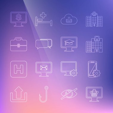 Alışveriş sepetli hat monitörü, akıllı telefon, diş sağlığı kliniği, bulut indirme, sohbet, araç kutusu, dolar ve mezuniyet şapkası ikonu. Vektör