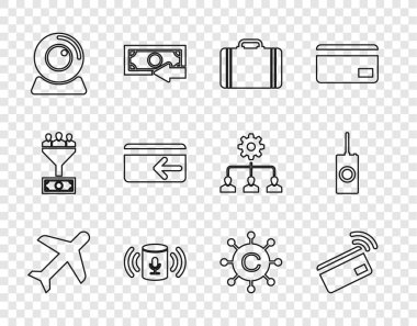 Satır Düzlemi, Temassız ödeme, Seyahat Bavulu, Ses Yardımcısı, Web kamerası, Nakit, Kopyalama Ağı ve Uzaktan Kontrol simgesi. Vektör