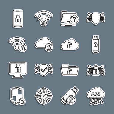 Hat Cloud api arayüzü, Siber güvenlik, USB flash bellek kilidi, FTP klasörü ve bilgisayar, Wifi kilitlendi, akıllı telefon ve simgesi. Vektör