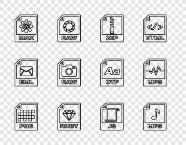 Satır PNG dosya belgesi, MP3, ZIP, Ruby, MAX, RAW, JS ve simgeyi ayarla. Vektör