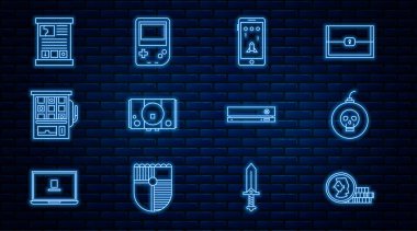 Oyun için para satırını ayarla, Bomba patlamaya hazır, mobil ve oyun, video konsolu, slot makinesi, oyun rehberi ve taşınabilir video simgesi. Vektör