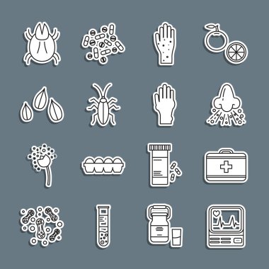Kardiyogram, ilk yardım kiti, akıcı burun, el sedef hastalığı, hamamböceği, susam tohumu, parazit akarsuarı ve ikon. Vektör