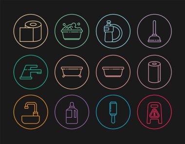 Yerleri ıslatın ve temizlik devam ediyor, kağıt havlu rulosu, bulaşık deterjanı tabağı, küvet, su musluğu, tuvalet kağıdı, plastik leğen ve sabun köpüğü ikonu. Vektör