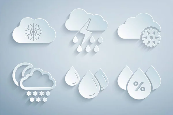 Set Wassertropfen Wolke Mit Schnee Und Mond Prozentsatz Regenblitz Und — Stockvektor
