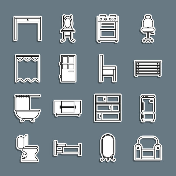 Set line Armchair, Refrigerator, Chest of drawers, Oven, Closed door, Curtains, Wooden table and Chair icon. Vector