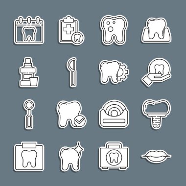 Gülümseyen dudaklar, diş implantı, diş ipi, diş ipi, diş ipi, gargara şişesi, takvim dişi ve tedavi yöntemi ikonu. Vektör