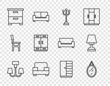 Chandelier, Mirror, Coat stand, Armchair, Mobilya komodini, Gardırop ve Masa Lambası ikonu. Vektör