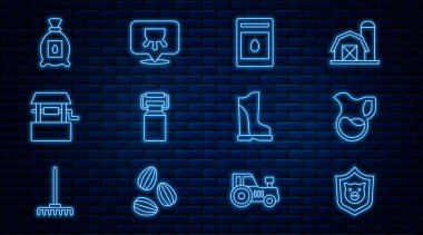 Hat kalkanını domuz, cam sütü, bitki tohumlarıyla dolu bir paket su geçirmez lastik bot ve Udder ikonu için konteynır ayarla. Vektör