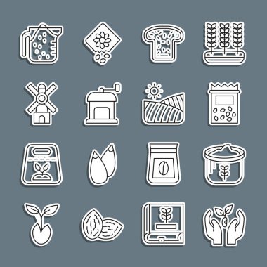 Sıra halinde ekin, un torbası, tam tohum tohumu, ekmekli tost, manuel kahve öğütücüsü, yel değirmeni, ölçü kabı ve tarım buğday tarlası ikonu. Vektör