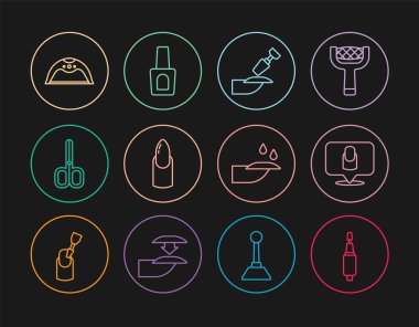 Manikür, manikür, tırnak, makas, lamba ve bir şişe oje ikonu için değirmen makası hazırlayın. Vektör