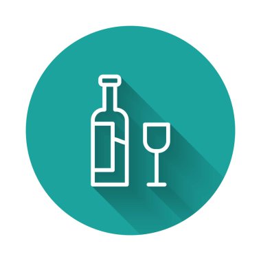 Uzun gölgeli cam ikonlu beyaz çizgi şarap şişesi. Yeşil daire düğmesi. Vektör.