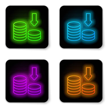 Parlayan neon hattı dolar oranı beyaz arkaplanda izole edilmiş simgeyi azaltır. Maliyet düşüşü. Aşağı ok ile para sembolü. İş kaybı kriz azalıyor. Siyah kare düğme. Vektör