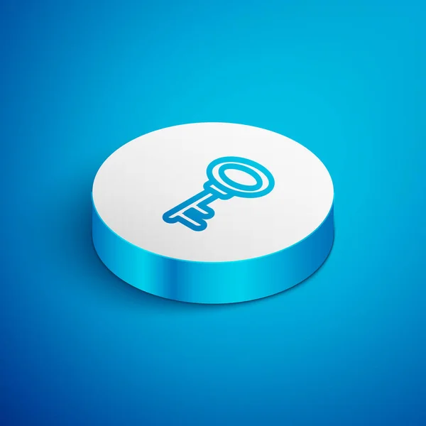 Ισομετρική Γραμμή Σπίτι Κλειδί Εικονίδιο Απομονώνονται Μπλε Φόντο Λευκό Κουμπί — Διανυσματικό Αρχείο