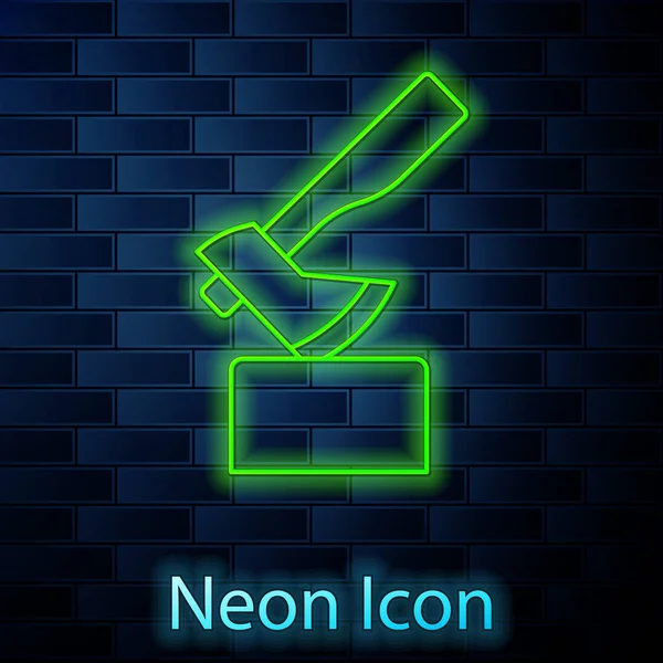 Zářící Neonová Čára Ikona Dřevěné Sekery Izolovaná Pozadí Cihlové Stěny — Stockový vektor