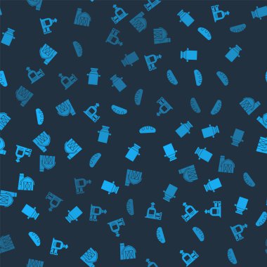 Tam torba ve ahşap kutu, süt için konteynır, ekmek somunu ve çiftlik evini pürüzsüz desene ayarlayın. Vektör.