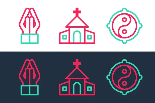 Set Line Yin Yang Hands Praying Position Church Building Icon — Stock Vector
