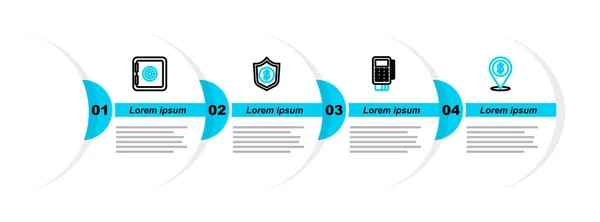 stock vector Set line Cash location, POS terminal with credit card, Shield dollar and Safe icon. Vector