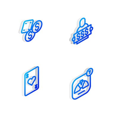 Isometric hattı kazananı ödül biletini, zar oyununu, kalpli kart oynamayı ve Lucky wheel ikonunu ayarla. Vektör