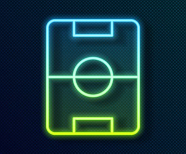 Parlayan neon hattı futbol ya da futbol sahası ikonu siyah arka planda izole edildi. Vektör.