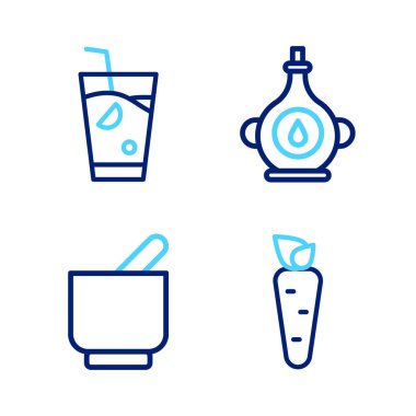 Havuç havanı, kabuk yağı şişesi ve taze meyve suyu ikonu. Vektör.