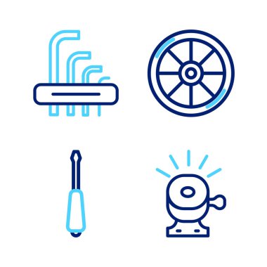 Bisiklet zili tornavida tekerleği ve araç allen tuşları simgesini ayarla. Vektör.