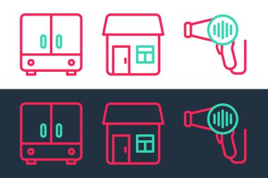 Saç kurutma makinesi, gardırop ve ev ikonu. Vektör.