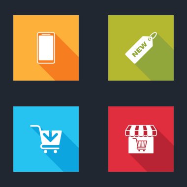 Akıllı telefon, cep telefonu, Yeni Fiyat etiketi, Alışveriş arabasına ekle ve market alışveriş ikonu. Vektör.