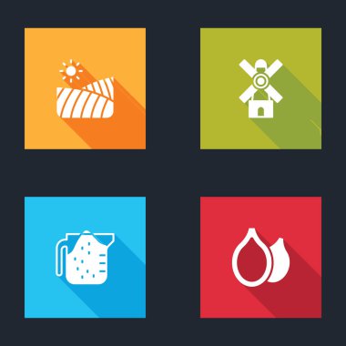 Tarım buğday tarlası, yel değirmeni, ölçü kabağı ve balkabağı tohumu ikonu. Vektör.