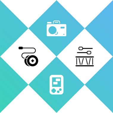 Yoyo oyuncağı Tetris elektronik oyun fotoğraf makinesi ve davul sopası ikonu ile Drum 'u ayarla. Vektör.