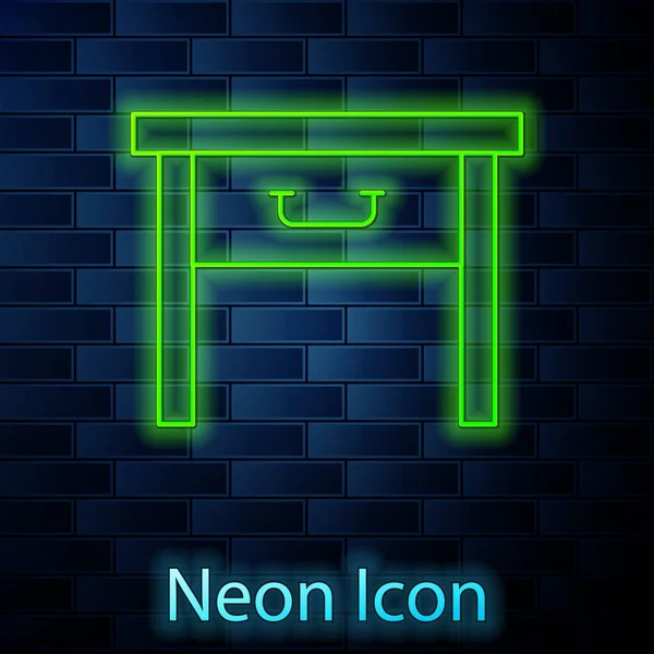 Gloeiende Neon Lijn Meubilair Nachtkastje Pictogram Geïsoleerd Baksteen Muur Achtergrond — Stockvector