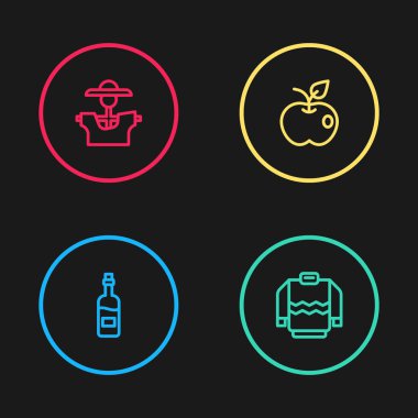 Şarap şişesi, elma süveteri ve korkuluk ikonu. Vektör.