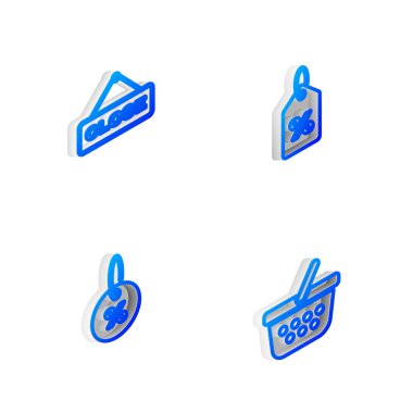 Isometric çizgisi İndirim yüzde etiketini, Close ile asılma işaretini ve alışveriş sepeti simgesini ayarla. Vektör.