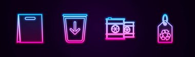 Sıralı alışveriş torbası, çöpe yollama, radyoaktif atık varili ve geri dönüşümlü etiket. Parlayan neon ikonu. Vektör.
