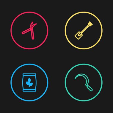 Sıralı gübre torbası, orak, bahçe küreği ve el yapımı makas ikonu. Vektör.