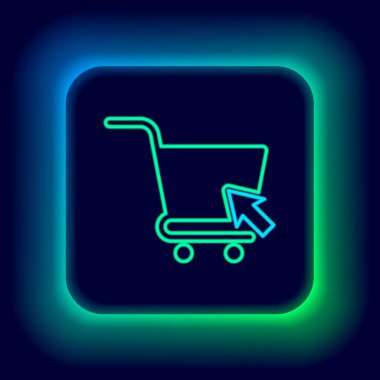 Siyah arkaplanda imleç simgesi olan parlayan neon hattı alışveriş arabası. İnternetten satın alma konsepti. Servis tabelası. Süpermarket sepeti sembolü. Renkli taslak konsepti. Vektör