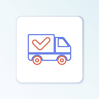 Beyaz arkaplanda işaret simgesi olan çizgi teslimat kamyonu izole edildi. Renkli taslak konsepti. Vektör