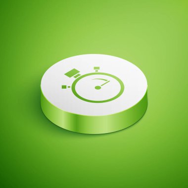 Isometric Stopwatch simgesi yeşil arkaplanda izole edildi. Zaman göstergesi. Kronometre işareti. Beyaz daire düğmesi. Vektör.