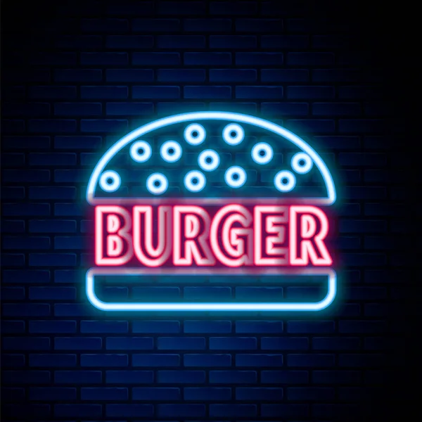 Glowing Neon Line Ikon Burger Terisolasi Dinding Bata Latar Belakang - Stok Vektor