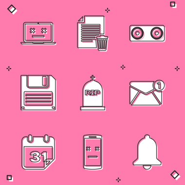 Ölü dizüstü bilgisayarını, Sil dosya belgesini, Stereo hoparlörünü, Disket diskini, RIP yazılı Tombstone 'u ve yeni gelen e- posta simgesini ayarla. Vektör