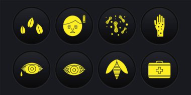 Kırmızı göz alerjik konjonktivit, sedef veya egzama, arı, bakteri, yorgunluk, ilk yardım kiti ve susam tohumu ikonunu hazırlayın. Vektör