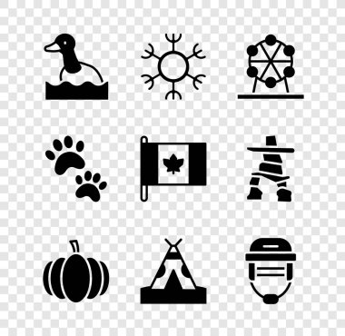 Uçan ördek, kar tanesi, dönme dolap, balkabağı, kızılderili çadırı veya çadır, hokey kaskı, pati izi ve Kanada bayrağı ikonu. Vektör