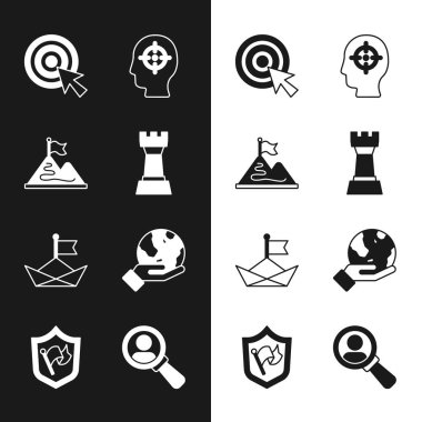 Satranç, bayrak sallayan dağlar, hedef ok, kelle avı, katlanmış kağıt tekne, Dünya 'yı tutan el, arama ve kalkan ikonu için büyüteç. Vektör