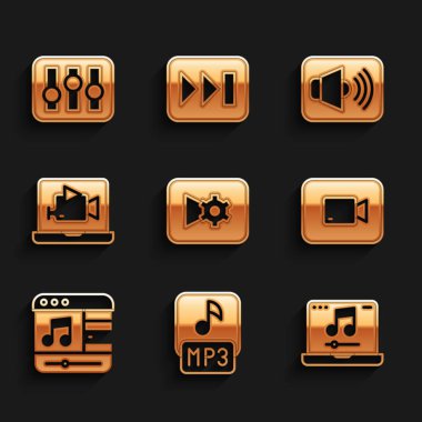 Müzik veya video ayarlarını, MP3 dosyasını, müzik, Play düğmesi, oynatıcı, Çevrimiçi, Hoparlör sesi ve Ses Karıştırıcı simgesini ayarla. Vektör