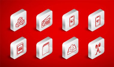 Hattı ayarla, Anten, Radyo, kalp atış hızı olan akıllı telefon, kablosuz, gelen kutusunu indir, Isometric küp, SD kart ve simge. Vektör