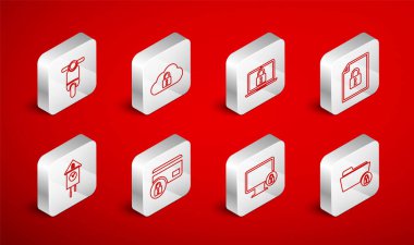 Satır dizinini ayarla ve kilitle, Bulut bilgisayarı, Laptop, Belge, Kilit monitörde, Scooter, Kredi kartı ve Retro duvar izleme simgesi ile. Vektör