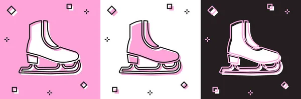 设置在粉红色和白色的黑色背景上隔离的冰鞋图标 冰鞋图标 带刀片的运动鞋B — 图库矢量图片