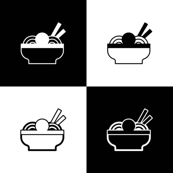 Set Asian Noodles Bowl Chopsticks Icon Isolated Black White Background — Stock Vector