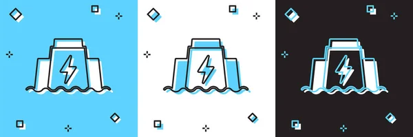 Définir Icône Barrage Hydroélectrique Isolé Sur Fond Bleu Blanc Noir — Image vectorielle