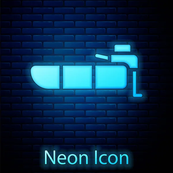 Gloeiende Neon Opblaasbare Boot Met Buitenboordmotor Icoon Geïsoleerd Bakstenen Muurachtergrond — Stockvector