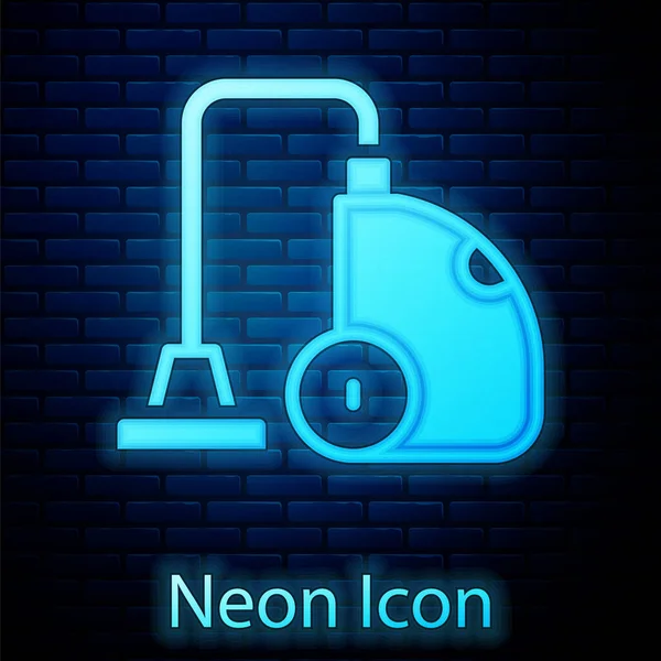 Ragyogó Neon Porszívó Ikon Elszigetelt Téglafal Háttér Vektor — Stock Vector